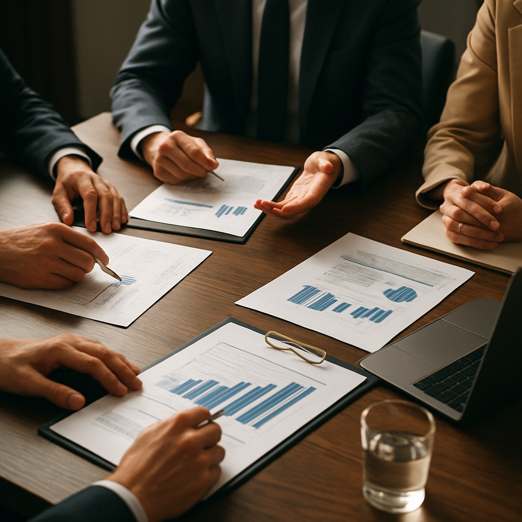 Tavola del consiglio con documenti e discussione